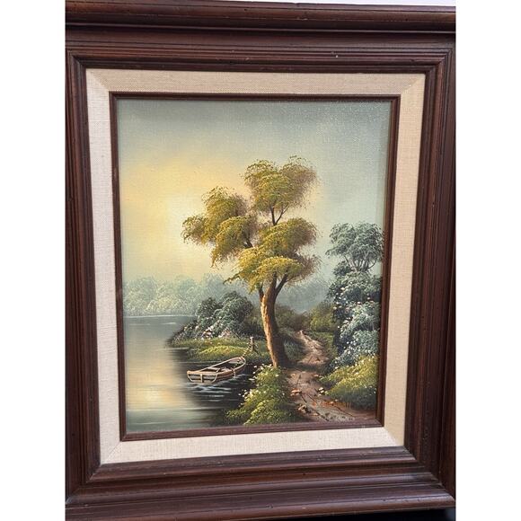 Vintage C. Cushman Original Oil Painting Signed Tree Boat Lake Landscape - Picture 2 of 16